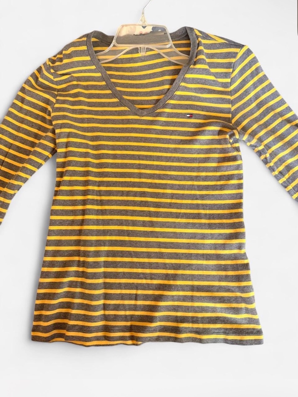 Tommy Hilfiger women’s Yellow & Gray Stripe V-Neck Top